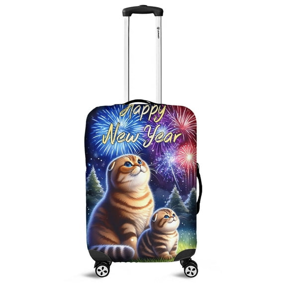 Happy New Year Scottish Fold Family Cheer Winter Midnight Firework Travel Luggage Cover Cat Lover Kitten Owner Gifts Suitcase Dust Protective Decor - 02025