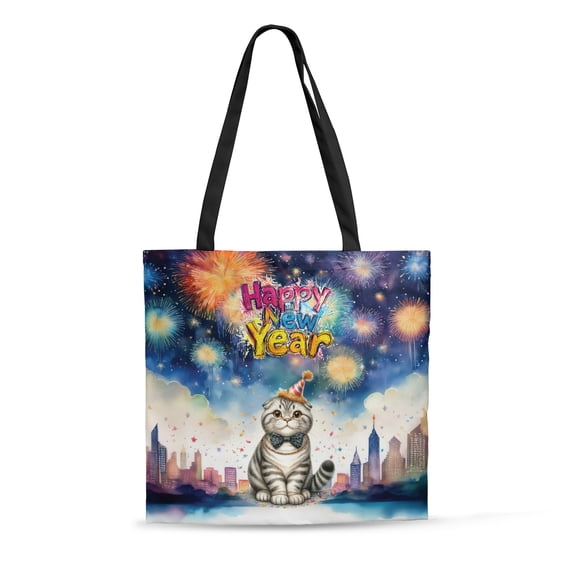 Happy New Year with Scottish Fold Fireworks Holiday Xmas Winter 2025 All Over Print 3D Canvas Tote Bag Cat Lover Kitten Owner Gifts Reusable Handbag - 00025
