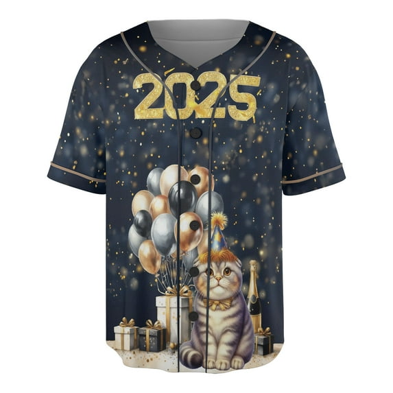 Happy New Year Scottish Fold Welcome 2025 Balloon Firework Party All Over Print 3D Baseball Shirt Cat Lover Kitten Owner Gifts Softball Sport - 01014