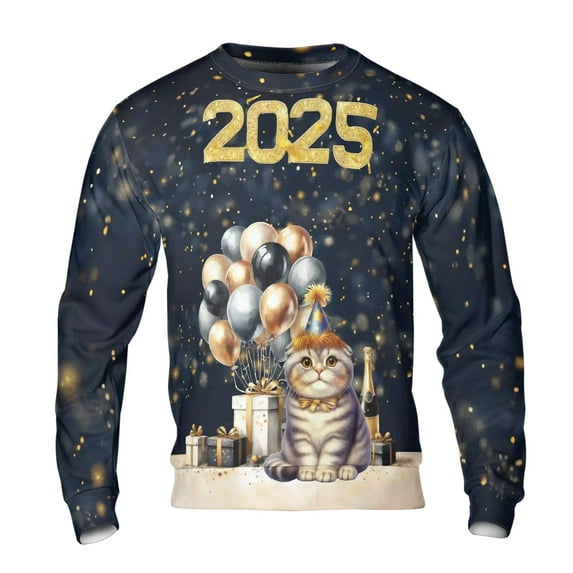 Happy New Year Scottish Fold Welcome 2025 Balloon Firework Party All Over Print 3D Sweatshirt Unisex Merch Cat Lover Kitten Owner Gifts - 01014