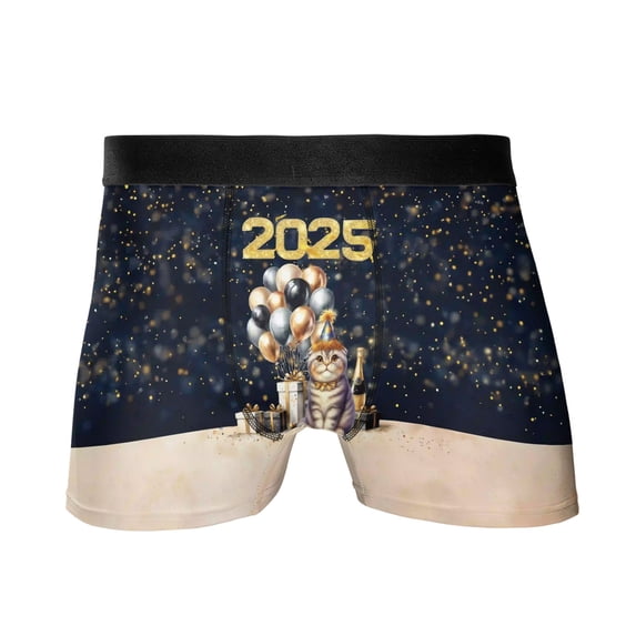 Happy New Year Scottish Fold Welcome 2025 Balloon Firework Party All Over Print Boxer Briefs Underwear for Men Dad Cat Lover Kitten Owner Gifts - 01014