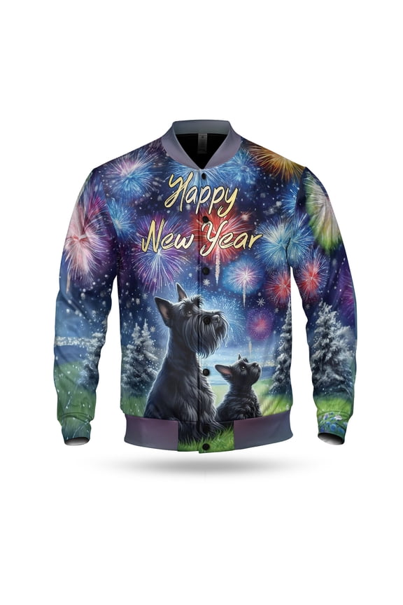 Happy New Year Scottish Terrier Family Cheer Winter Midnight Firework All Over Print 3D Baseball Jacket Scottie Dog Lover Gifts Bomber Jacket Softball - 02025