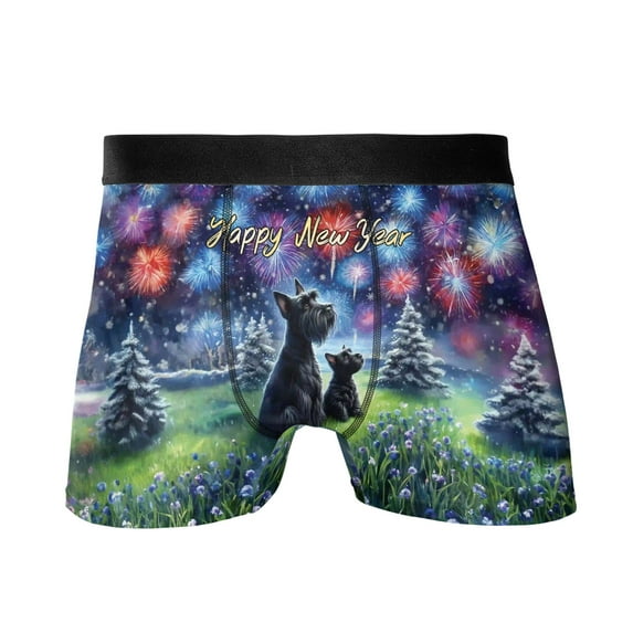 Happy New Year Scottish Terrier Family Cheer Winter Midnight Firework All Over Print Boxer Briefs Underwear for Men Dad Scottie Dog Lover Gifts - 02025
