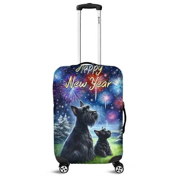 Happy New Year Scottish Terrier Family Cheer Winter Midnight Firework Travel Luggage Cover Scottie Dog Lover Gifts Suitcase Dust Protective Decor - 02025