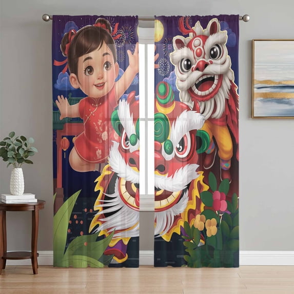 Happy New Year Sheer Curtains 72 Inch Length 2 Panels for Living Room, Cartoon Girl Oriental Dance Lions Fireworks Voile Kitchen Curtain Set, Luxury Privacy Drapes Window Treatment for Bedroom