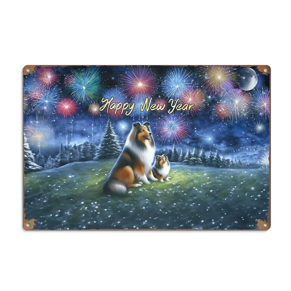 Happy New Year Shetland Sheepdog Family Cheer Winter Midnight Firework Horizontal Metal Aluminum Sign Sheltie Dog Lover Gifts Wall Art Home Decor - 02025