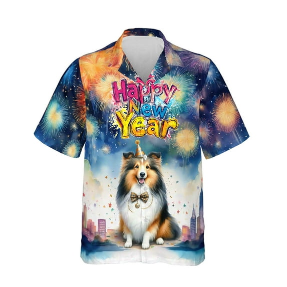 Happy New Year with Shetland Sheepdog Fireworks Holiday Xmas Winter 2025 Hawaiian Shirt Breathable Summer Unisex Merch Sheltie Dog Lover Gifts - 00025
