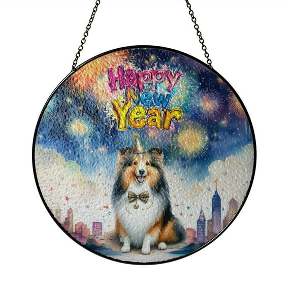 Happy New Year with Shetland Sheepdog Fireworks Holiday Xmas Winter 2025 Stained Glass Suncatcher Sheltie Dog Lover Gifts Window Hanging Sign Decor - 00025