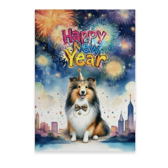 Happy New Year with Shetland Sheepdog Fireworks Holiday Xmas Winter 2025 Vertical Matte Canvas Poster Sheltie Dog Lover Gifts Wall Art Home Decor - 00025
