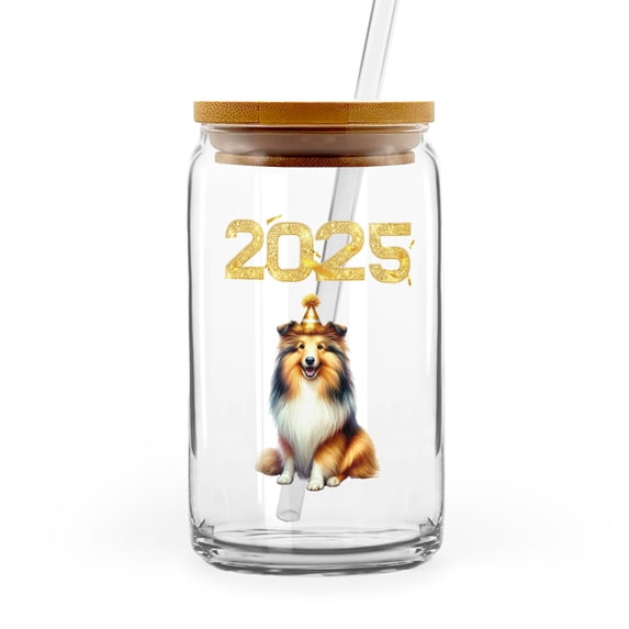 Happy New Year Shetland Sheepdog Welcome 2025 Balloon Firework Party 16oz Glass Cup Mug Sheltie Dog Lover Gifts Glass Can with Bamboo Lid and Straw - 01014