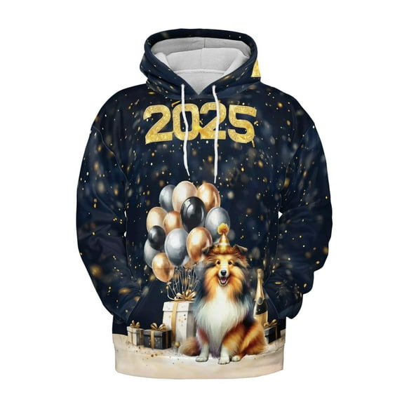 Happy New Year Shetland Sheepdog Welcome 2025 Balloon Firework Party All Over Print 3D Hoodie Unisex Merch Hoodies Sheltie Dog Lover Gifts - 01014