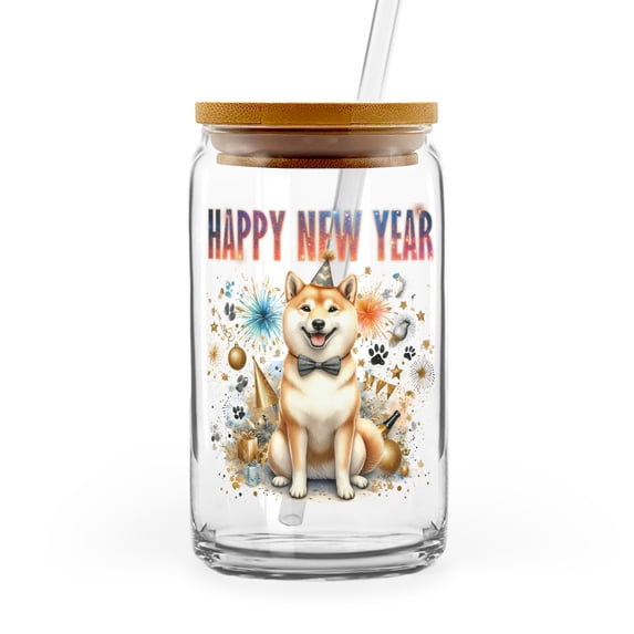 Happy New Year with Shiba Inu Fireworks Holiday Xmas Winter 2025 16oz Glass Cup Mug Shibas Dog Lovers Gifts Idea Glass Can with Bamboo Lid and Straw - 00025
