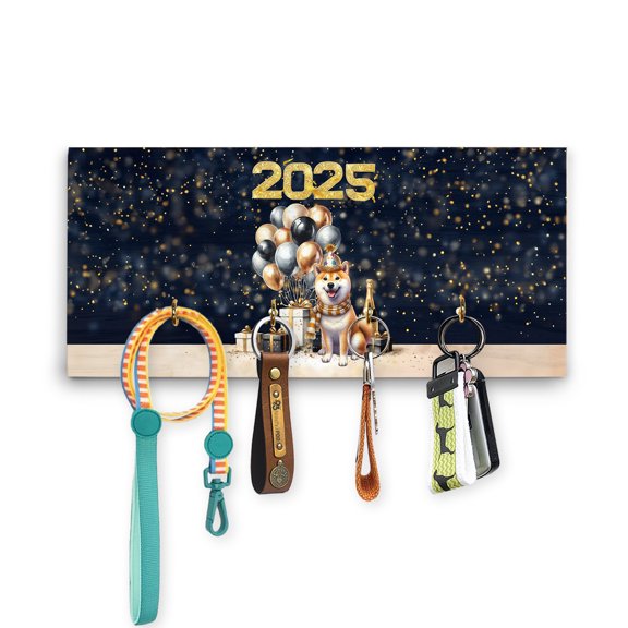 Happy New Year Shiba Inu Welcome 2025 Balloon Firework Party Wood Key Holder Shibas Dog Lovers Gifts Idea Wall-mounted Key Rack Home Decor - 01014