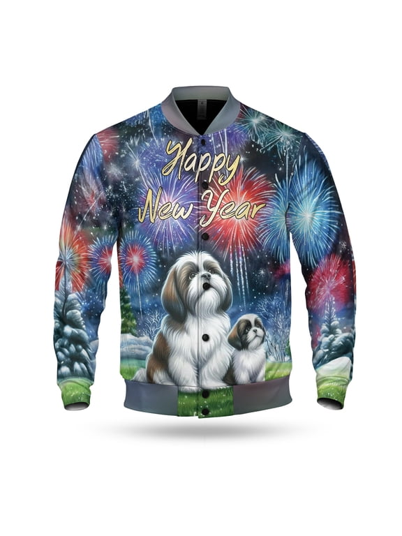 Happy New Year Shih Tzu Family Cheer Winter Midnight Firework All Over Print 3D Baseball Jacket Lion Dog Lover Gifts Bomber Jacket Softball - 02025