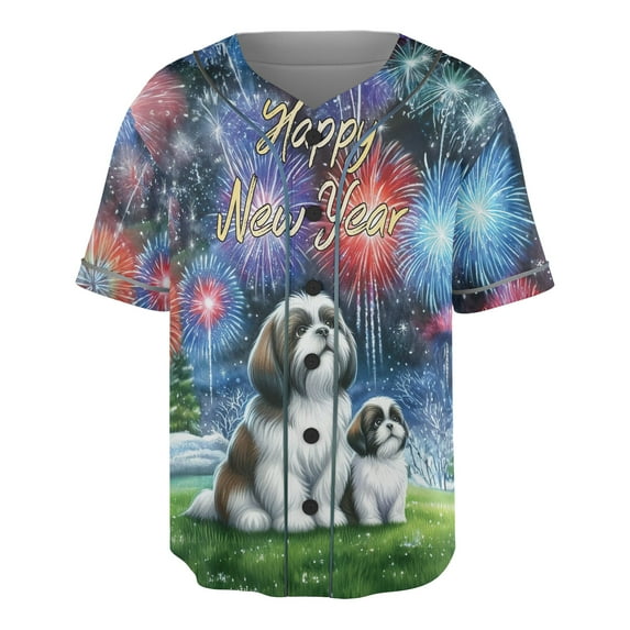 Happy New Year Shih Tzu Family Cheer Winter Midnight Firework All Over Print 3D Baseball Shirt Lion Dog Lover Gifts Softball Sport - 02025