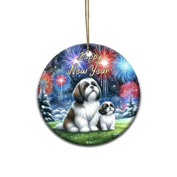 Happy New Year Shih Tzu Family Cheer Winter Midnight Firework Ceramic Round Ornament Lion Dog Lover Gifts Home Tree Decor - 02025