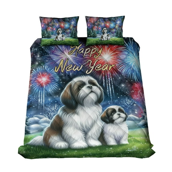 Happy New Year Shih Tzu Family Cheer Winter Midnight Firework Quilt Bedding Set Lion Dog Lover Gifts 1 Blanket Bed Cover 2 Pillowcases - 02025