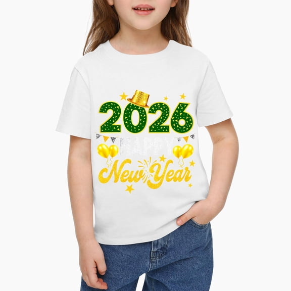 Happy New Year Shirt 𝓴𝓲𝓭𝓼 T-Shirt ,2026 Festive Party Tee For New Year Celebration, Casual Holiday Top For 𝓴𝓲𝓭𝓼 100cm White