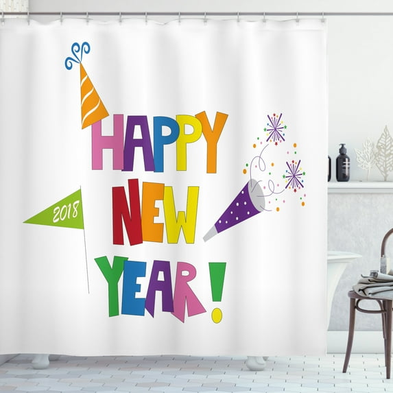 Happy New Year Shower Curtain, Bubbly Square Font Illustration with Party Items Hats and Festive Elements, Fabric Bathroom Set with Hooks, 69W X 70L Inches, Multicolor, by Ambesonne