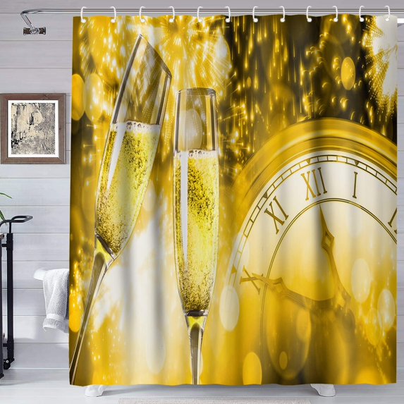 Happy New Year Shower Curtain, Champagne Fireworks Curtain for Bathroom, Countdown to The New Year Curtain Decor Waterproof Polyester Fabric Set with 12 Hooks 72x72in YLZZTE170
