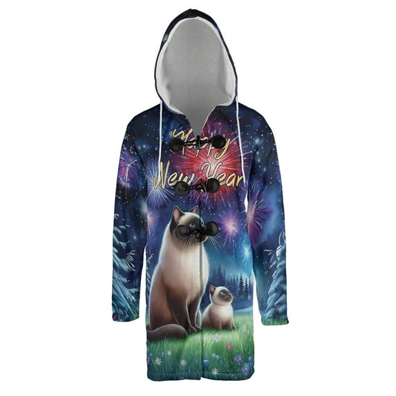 Happy New Year Siamese Family Cheer Winter Midnight Firework All Over Print 3D Hooded Duffle Toggle Coat Cat Lover Kitten Owner Gifts - 02025