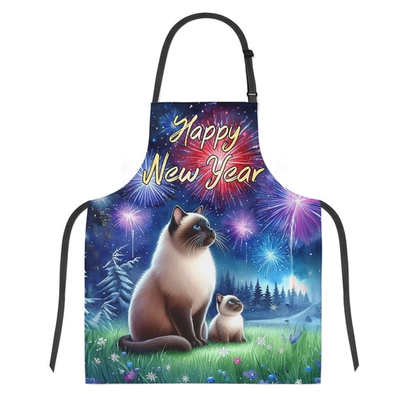 Happy New Year Siamese Family Cheer Winter Midnight Firework Apron Cat Lover Kitten Owner Gifts for Cooking Grilling Baking Painting Gardening - 02025