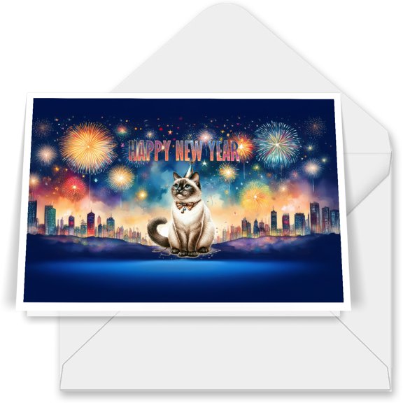 Happy New Year with Siamese Fireworks Holiday Xmas Winter 2025 7x5in Folded Greeting Card Cat Lover Kitten Owner Gifts Single Note Card with Envelope - 00025