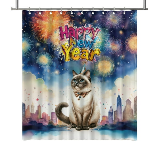 Happy New Year with Siamese Fireworks Holiday Xmas Winter 2025 Shower Curtain Cat Lover Kitten Owner Gifts Waterproof Bathroom Bathtub Curtain - 00025