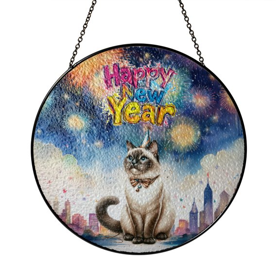 Happy New Year with Siamese Fireworks Holiday Xmas Winter 2025 Stained Glass Suncatcher Cat Lover Kitten Owner Gifts Window Hanging Sign Decor - 00025