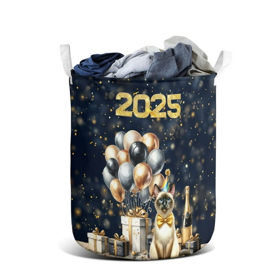 Happy New Year Siamese Welcome 2025 Balloon Firework Party Foldable Laundry Basket Cat Lover Kitten Owner Gifts Organizer Storage with Handles - 01014
