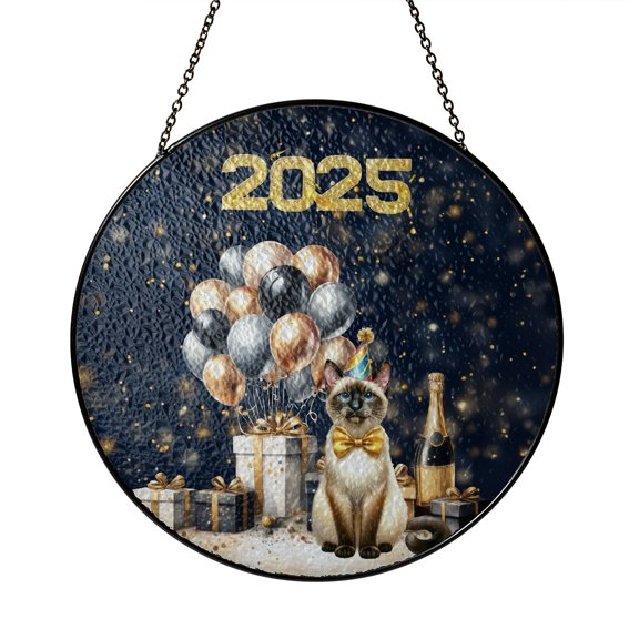 Happy New Year Siamese Welcome 2025 Balloon Firework Party Stained Glass Suncatcher Cat Lover Kitten Owner Gifts Window Hanging Sign Decor - 01014