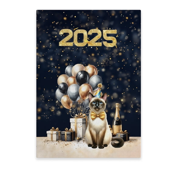 Happy New Year Siamese Welcome 2025 Balloon Firework Party Vertical Matte Canvas Poster Cat Lover Kitten Owner Gifts Wall Art Home Decor - 01014