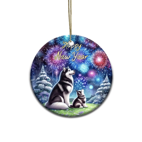 Happy New Year Siberian Husky Family Cheer Winter Midnight Firework Ceramic Round Ornament Husky Dog Lover Gifts Home Tree Decor - 02025
