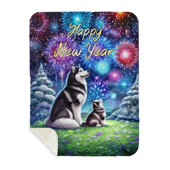 Happy New Year Siberian Husky Family Cheer Winter Midnight Firework Cozy Sherpa Blanket Husky Dog Lover Gifts Warm Soft Throw Blanket - 02025