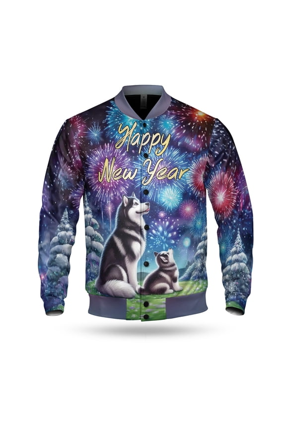Happy New Year Siberian Husky Family Cheer Winter Midnight Firework All Over Print 3D Baseball Jacket Husky Dog Lover Gifts Bomber Jacket Softball - 02025