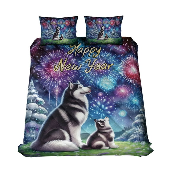 Happy New Year Siberian Husky Family Cheer Winter Midnight Firework Quilt Bedding Set Husky Dog Lover Gifts 1 Blanket Bed Cover 2 Pillowcases - 02025