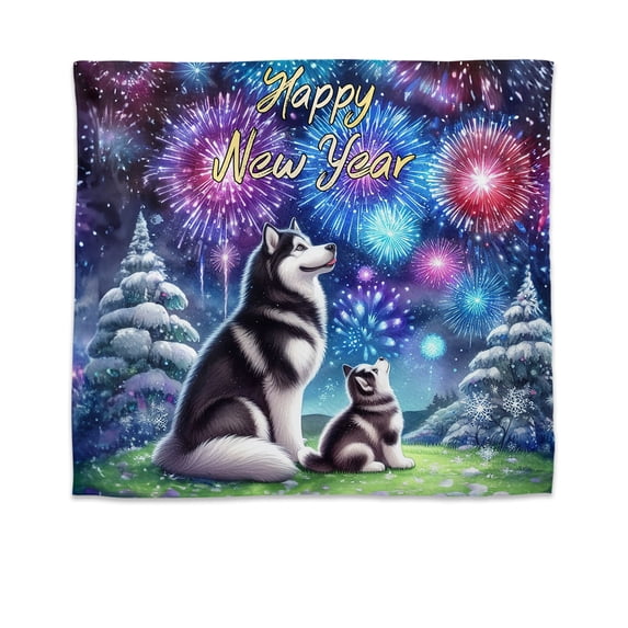 Happy New Year Siberian Husky Family Cheer Winter Midnight Firework Tapestry Husky Dog Lover Gifts Wall Hanging Backdrop Home Decor - 02025