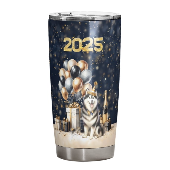 Happy New Year Siberian Husky Welcome 2025 Balloon Firework Party 20oz Stainless Steel Tumbler Insulated Cup with Lid Husky Dog Lover Gifts - 01014