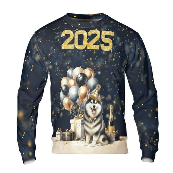 Happy New Year Siberian Husky Welcome 2025 Balloon Firework Party All Over Print 3D Sweatshirt Unisex Merch Husky Dog Lover Gifts - 01014