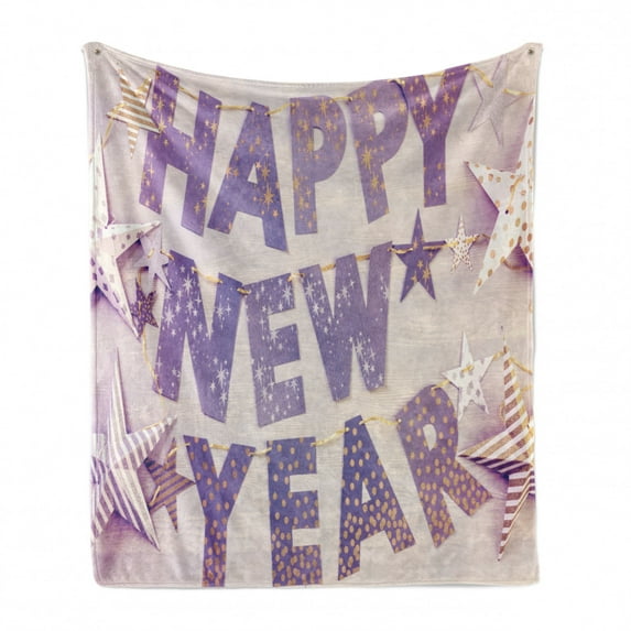 Happy New Year Soft Flannel Fleece Blanket, Calligraphy in Party Tools Hangings on the Wall and Striped and Dotted Stars, Cozy Plush for Indoor and Outdoor Use, 60" x 80", Multicolor, by Ambesonne