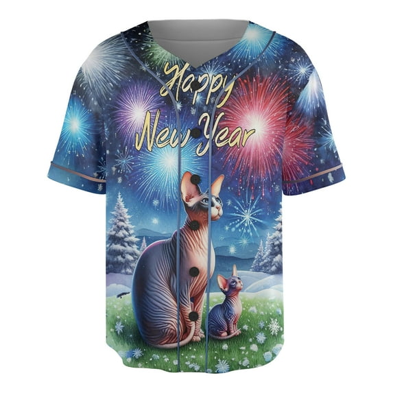 Happy New Year Sphynx Family Cheer Winter Midnight Firework All Over Print 3D Baseball Shirt Cat Lover Kitten Owner Gifts Idea Softball Sport - 02025