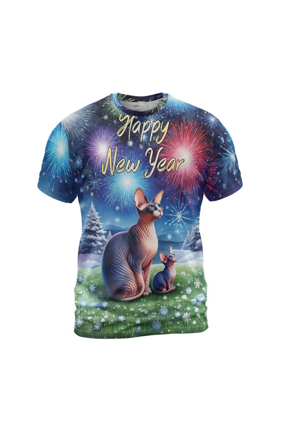 Happy New Year Sphynx Family Cheer Winter Midnight Firework All Over Print 3D Shirt Unisex Merch Cat Lover Kitten Owner Gifts Idea - 02025