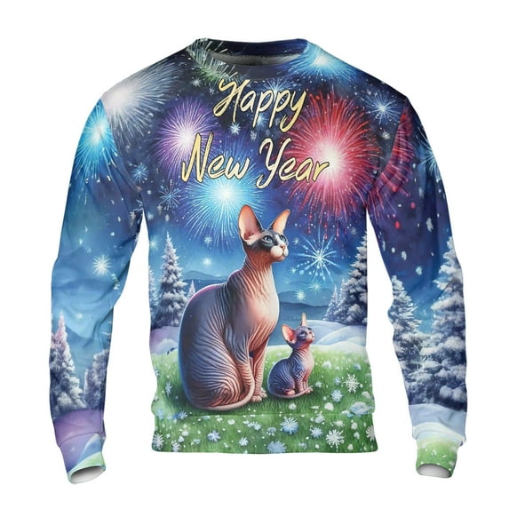 Happy New Year Sphynx Family Cheer Winter Midnight Firework All Over Print 3D Sweatshirt Unisex Merch Cat Lover Kitten Owner Gifts Idea - 02025