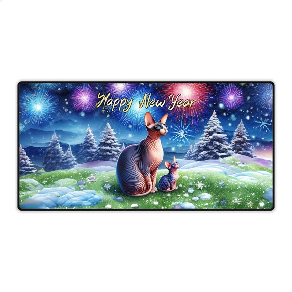 Happy New Year Sphynx Family Cheer Winter Midnight Firework Desk Mat Full Keyboard Mouse Pad Cat Lover Kitten Owner Gifts Idea Large Mousepad - 02025