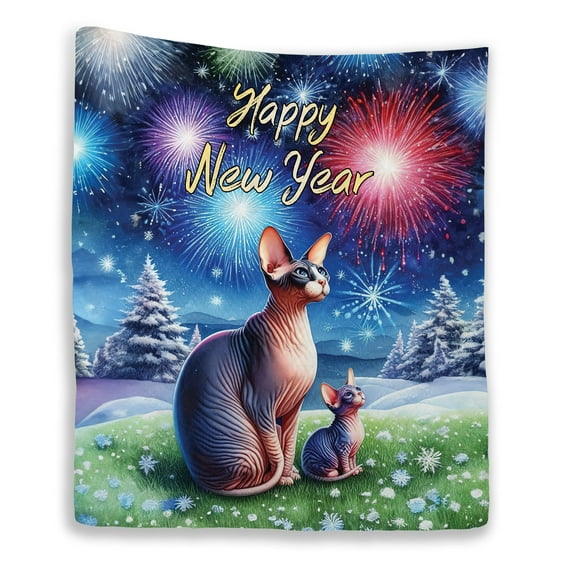 Happy New Year Sphynx Family Cheer Winter Midnight Firework Quilt Blanket Cat Lover Kitten Owner Gifts Idea Cozy Comforter Throw Blanket - 02025