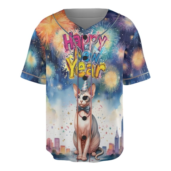 Happy New Year with Sphynx Fireworks Holiday Xmas Winter 2025 All Over Print 3D Baseball Shirt Cat Lover Kitten Owner Gifts Idea Softball Sport - 00025