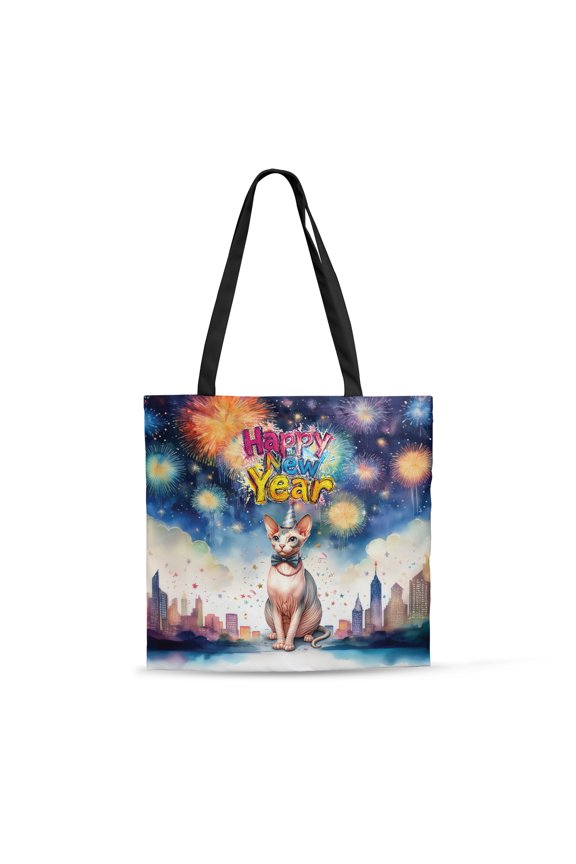 Happy New Year with Sphynx Fireworks Holiday Xmas Winter 2025 All Over Print 3D Canvas Tote Bag Cat Lover Kitten Owner Gifts Idea Reusable Handbag - 00025