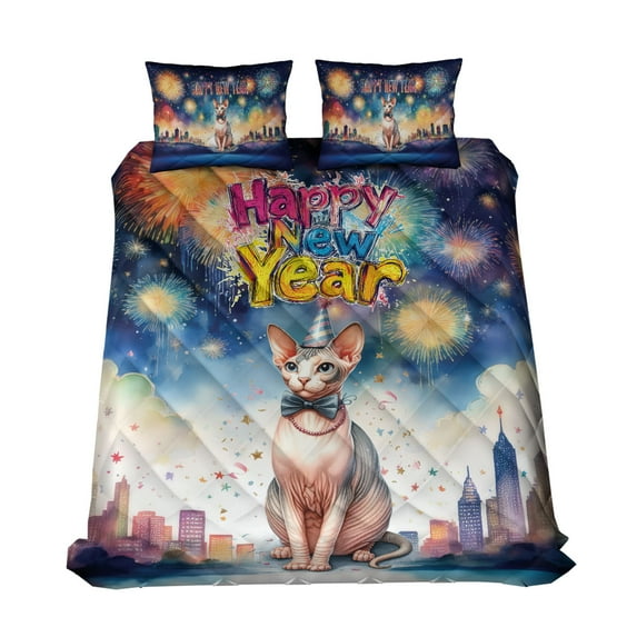 Happy New Year with Sphynx Fireworks Holiday Xmas Winter 2025 Quilt Bedding Set Cat Lover Kitten Owner Gifts Idea 1 Blanket Bed Cover 2 Pillowcases - 00025