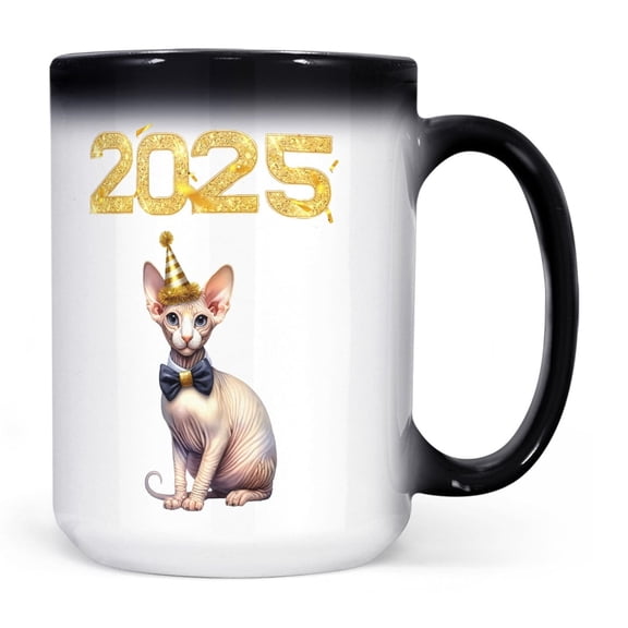 Happy New Year Sphynx Welcome 2025 Balloon Firework Party Heat Color Changing Mug Cat Lover Kitten Owner Gifts Idea Magic Coffee Mug - 01014
