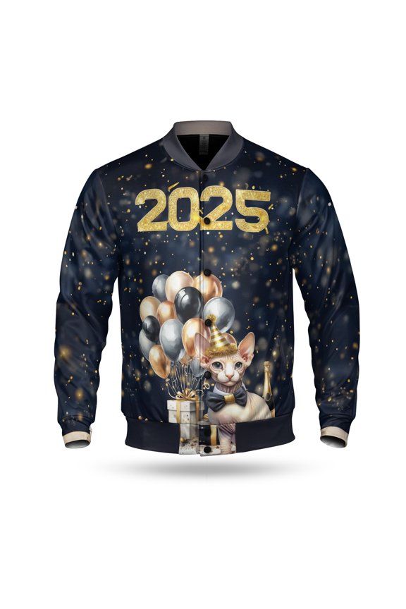 Happy New Year Sphynx Welcome 2025 Balloon Firework Party All Over Print 3D Baseball Jacket Cat Lover Kitten Owner Gifts Idea Bomber Jacket Softball - 01014